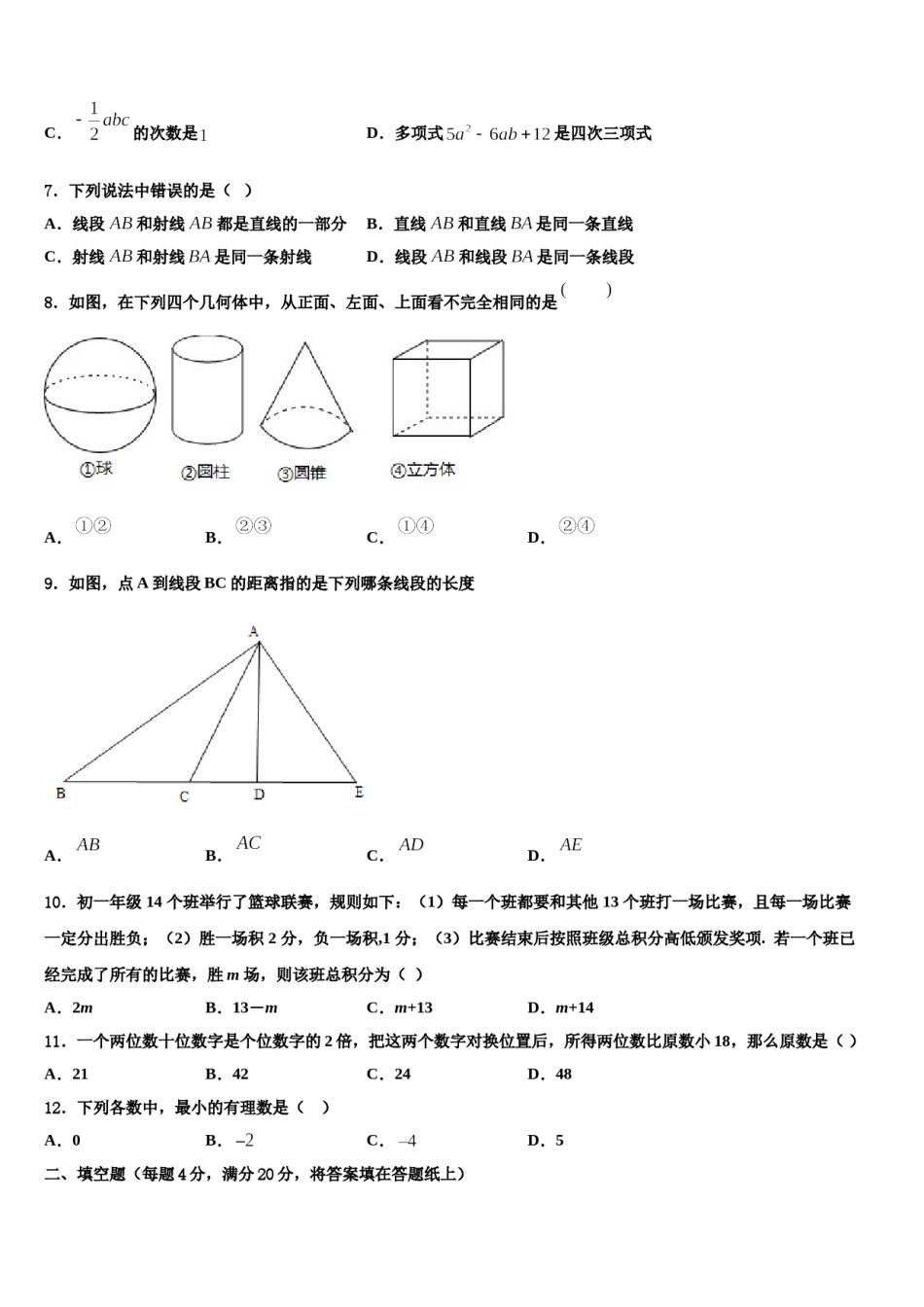 2023-2024学年河南省郑州市外国语中学七年级数学第一学期期末经典试题含解析.doc_第2页