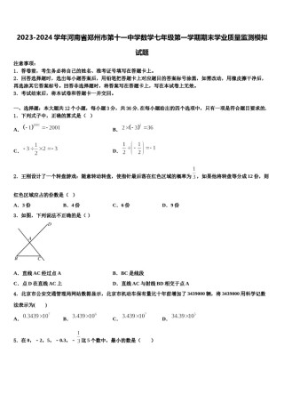 2023-2024学年河南省郑州市第十一中学数学七年级第一学期期末学业质量监测模拟试题含解析.doc