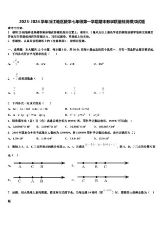 2023-2024学年浙江地区数学七年级第一学期期末教学质量检测模拟试题含解析.doc
