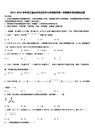 2023-2024学年浙江省台州市玉环市七年级数学第一学期期末考试模拟试题含解析.doc