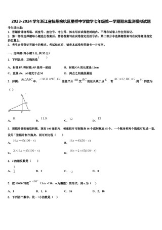 2023-2024学年浙江省杭州余杭区星桥中学数学七年级第一学期期末监测模拟试题含解析.doc