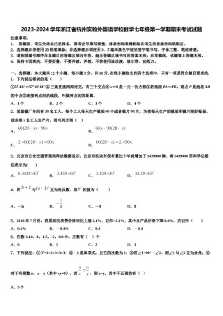 2023-2024学年浙江省杭州实验外国语学校数学七年级第一学期期末考试试题含解析.doc