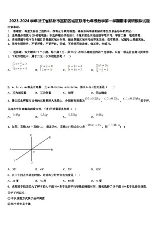 2023-2024学年浙江省杭州市富阳区城区联考七年级数学第一学期期末调研模拟试题含解析.doc