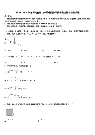 2023-2024学年海南省海口市第十四中学数学七上期末经典试题含解析.doc