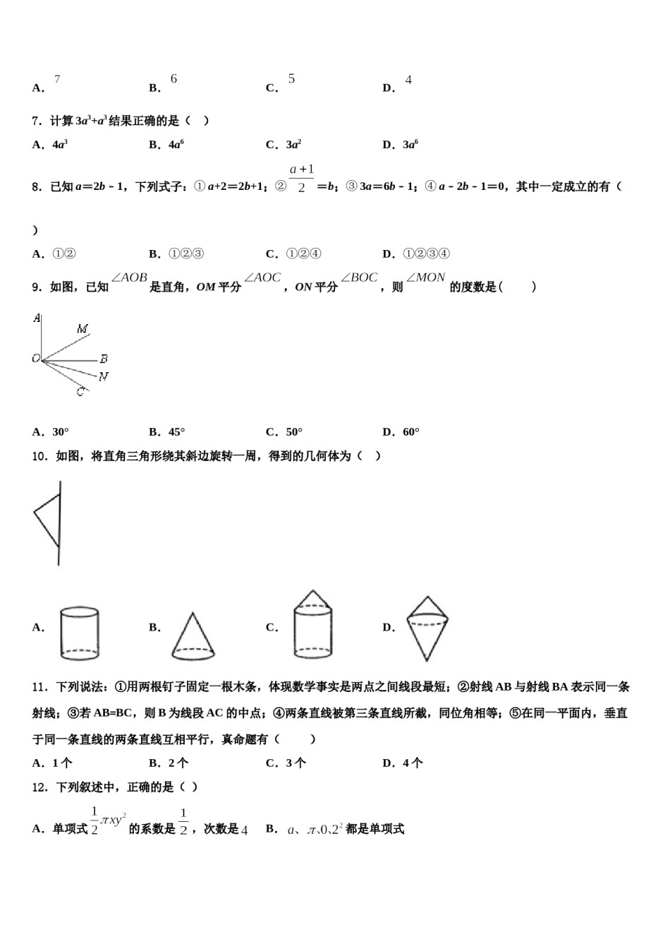 2023-2024学年湖北恩施沙地中学数学七上期末学业水平测试试题含解析.doc_第2页