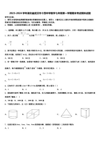2023-2024学年湖北省武汉市十四中学数学七年级第一学期期末考试模拟试题含解析.doc