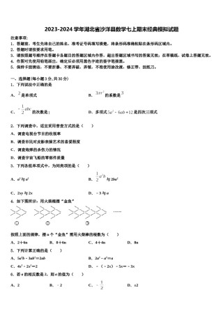 2023-2024学年湖北省沙洋县数学七上期末经典模拟试题含解析.doc