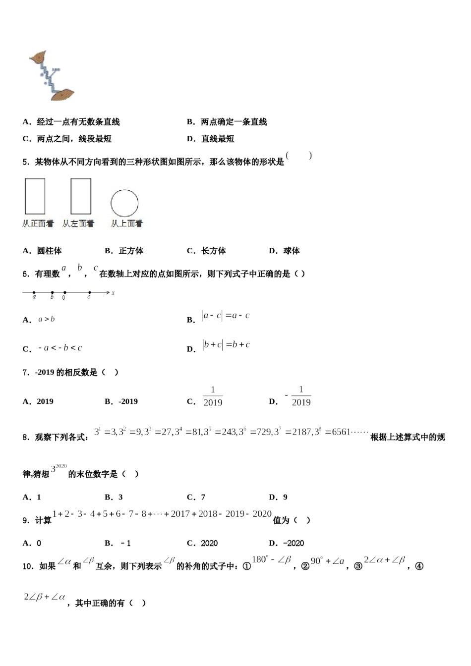 2023-2024学年湖北省黄石市新建初级中学七年级数学第一学期期末教学质量检测试题含解析.doc_第2页