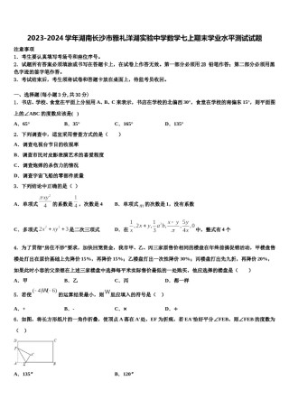 2023-2024学年湖南长沙市雅礼洋湖实验中学数学七上期末学业水平测试试题含解析.doc