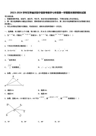 2023-2024学年甘肃省庆阳宁县联考数学七年级第一学期期末调研模拟试题含解析.doc