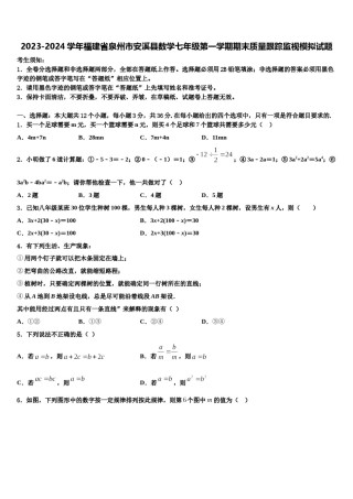 2023-2024学年福建省泉州市安溪县数学七年级第一学期期末质量跟踪监视模拟试题含解析.doc