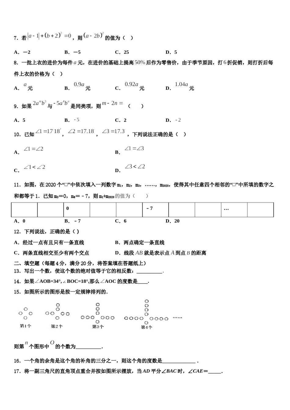 2023-2024学年西藏拉萨北京实验中学数学七年级第一学期期末检测模拟试题含解析.doc_第2页