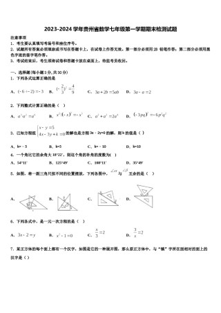 2023-2024学年贵州省数学七年级第一学期期末检测试题含解析.doc
