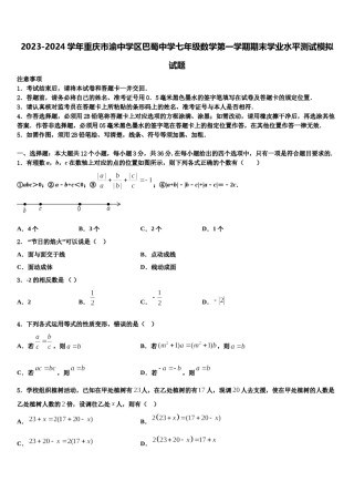 2023-2024学年重庆市渝中学区巴蜀中学七年级数学第一学期期末学业水平测试模拟试题含解析.doc