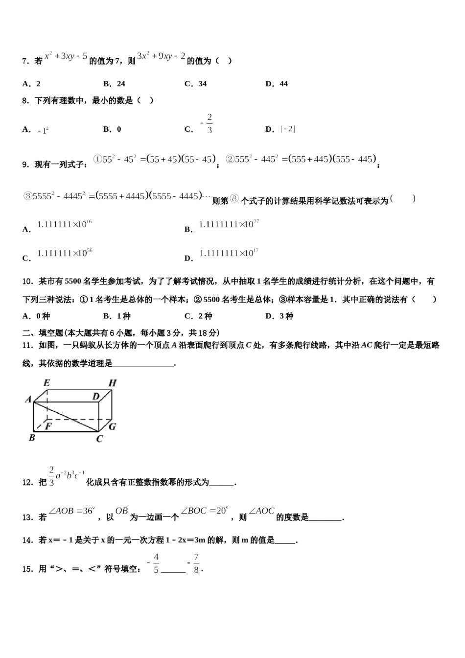 2023年吉林省长春市东北师大附中新城学校数学七上期末教学质量检测试题含解析.doc_第2页