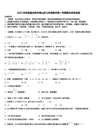 2023年安徽省合肥市蜀山区七年级数学第一学期期末统考试题含解析.doc