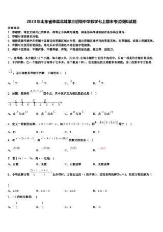 2023年山东省单县北城第三初级中学数学七上期末考试模拟试题含解析.doc