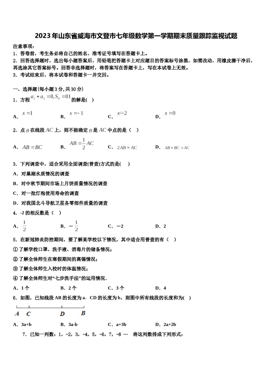 2023年山东省威海市文登市七年级数学第一学期期末质量跟踪监视试题含解析.doc_第1页