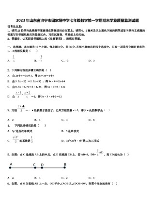 2023年山东省济宁市田家炳中学七年级数学第一学期期末学业质量监测试题含解析.doc