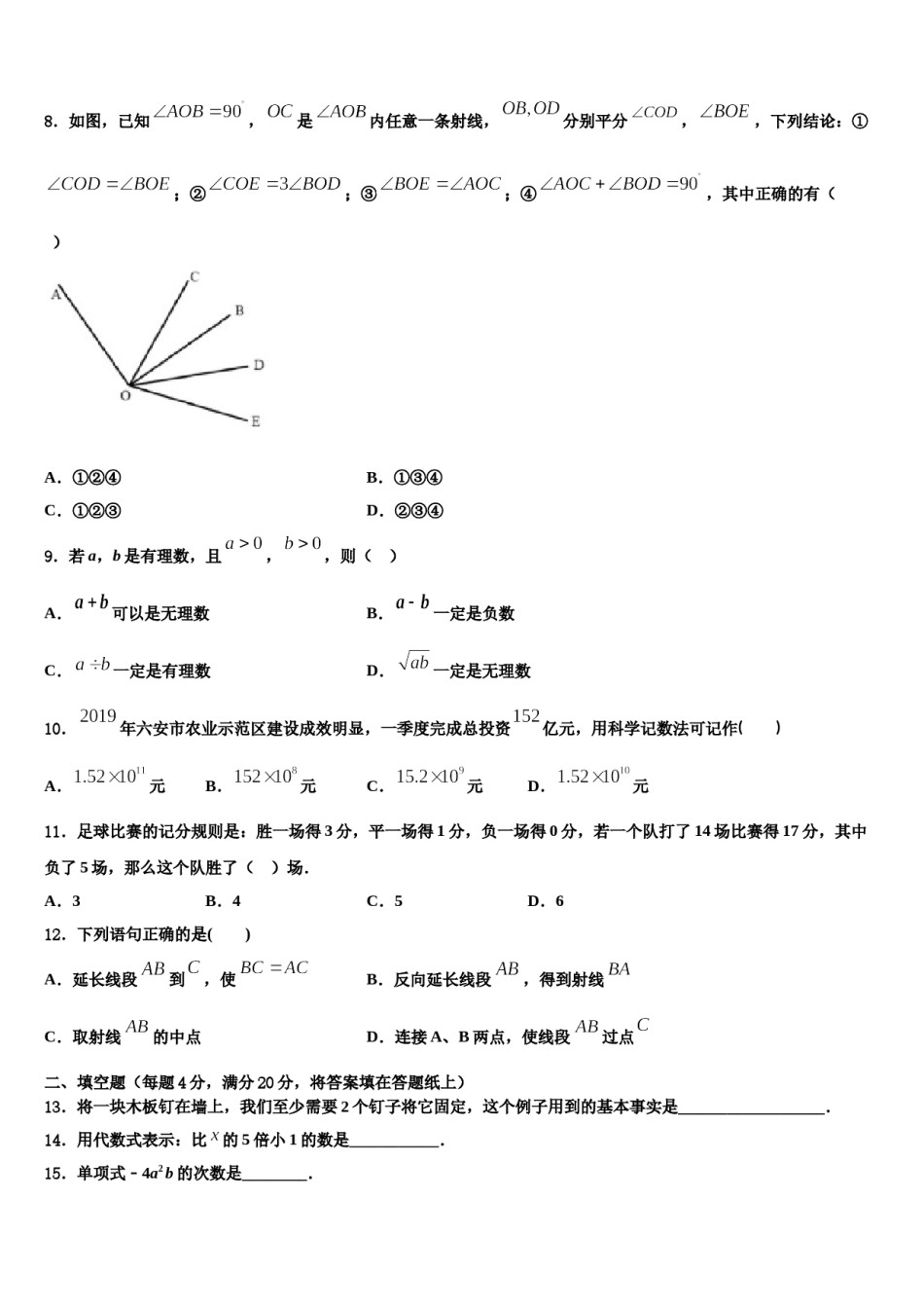 2023年山西省临汾市襄汾县数学七年级第一学期期末质量跟踪监视试题含解析.doc_第2页