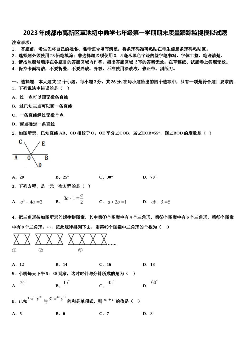 2023年成都市高新区草池初中数学七年级第一学期期末质量跟踪监视模拟试题含解析.doc_第1页