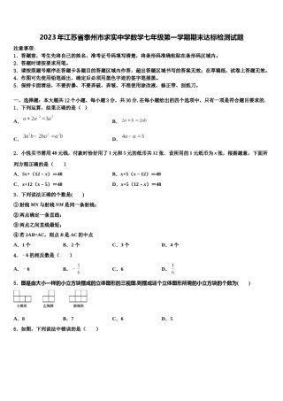 2023年江苏省泰州市求实中学数学七年级第一学期期末达标检测试题含解析.doc