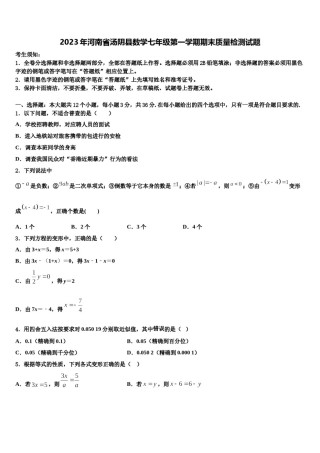 2023年河南省汤阴县数学七年级第一学期期末质量检测试题含解析.doc