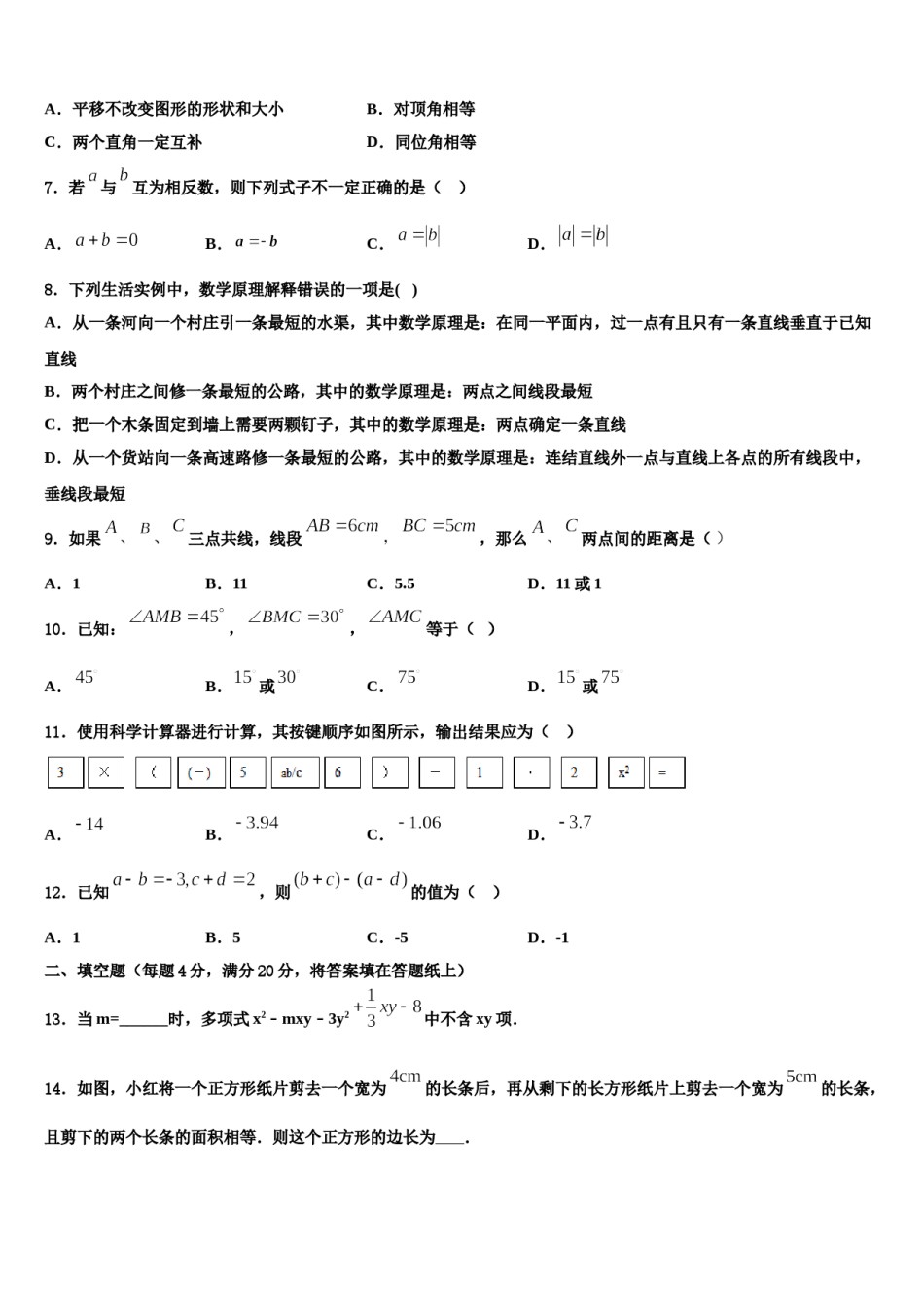 2023年河南省洛阳孟津县联考数学七上期末质量跟踪监视试题含解析.doc_第2页