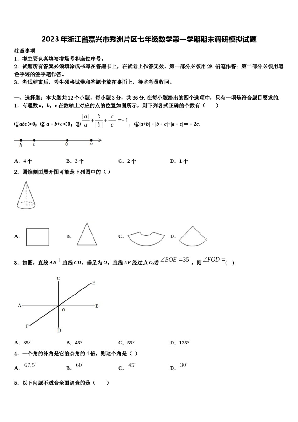 2023年浙江省嘉兴市秀洲片区七年级数学第一学期期末调研模拟试题含解析.doc_第1页