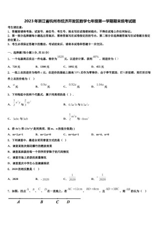 2023年浙江省杭州市经济开发区数学七年级第一学期期末统考试题含解析.doc