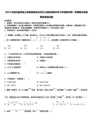2023年湖北省恩施土家族苗族自治州文斗民族初级中学七年级数学第一学期期末质量跟踪监视试题含解析.doc