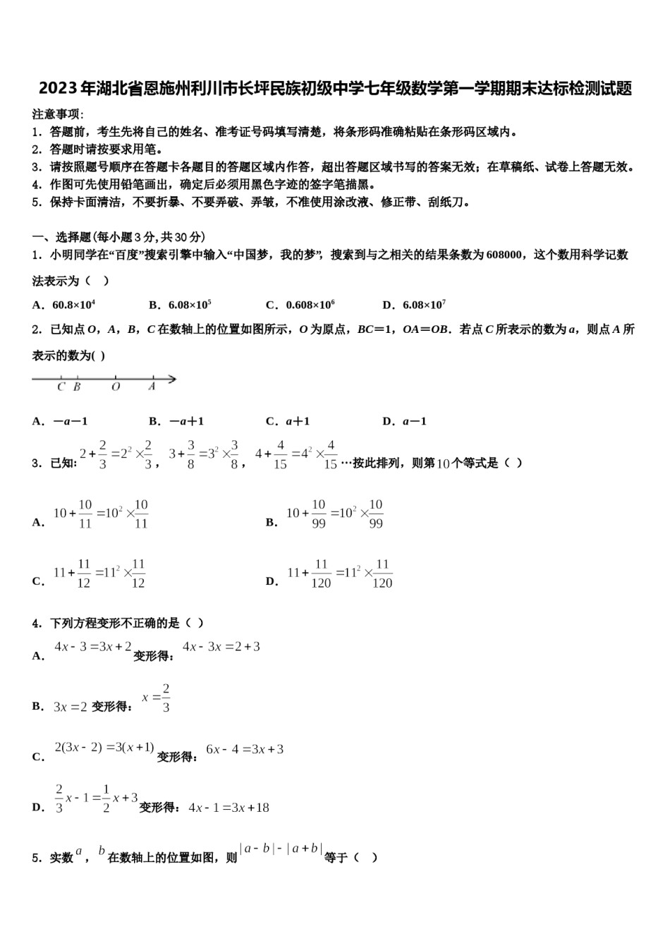 2023年湖北省恩施州利川市长坪民族初级中学七年级数学第一学期期末达标检测试题含解析.doc_第1页