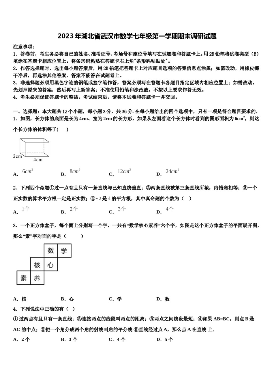 2023年湖北省武汉市数学七年级第一学期期末调研试题含解析.doc_第1页