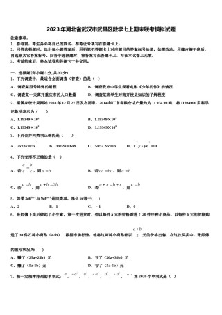 2023年湖北省武汉市武昌区数学七上期末联考模拟试题含解析.doc