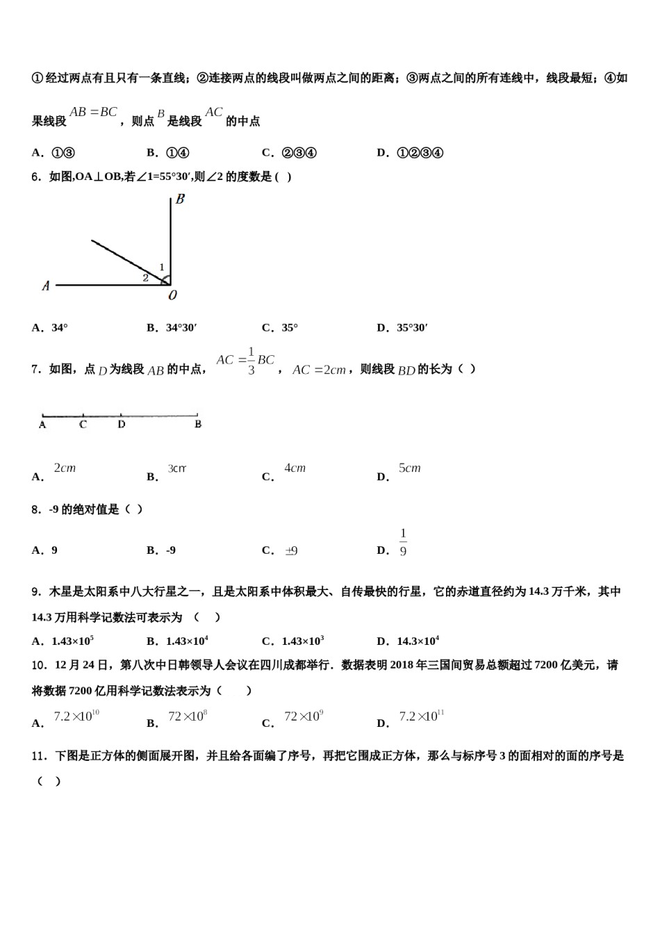 2023年湖北省武汉蔡甸区五校联考七年级数学第一学期期末质量检测模拟试题含解析.doc_第2页