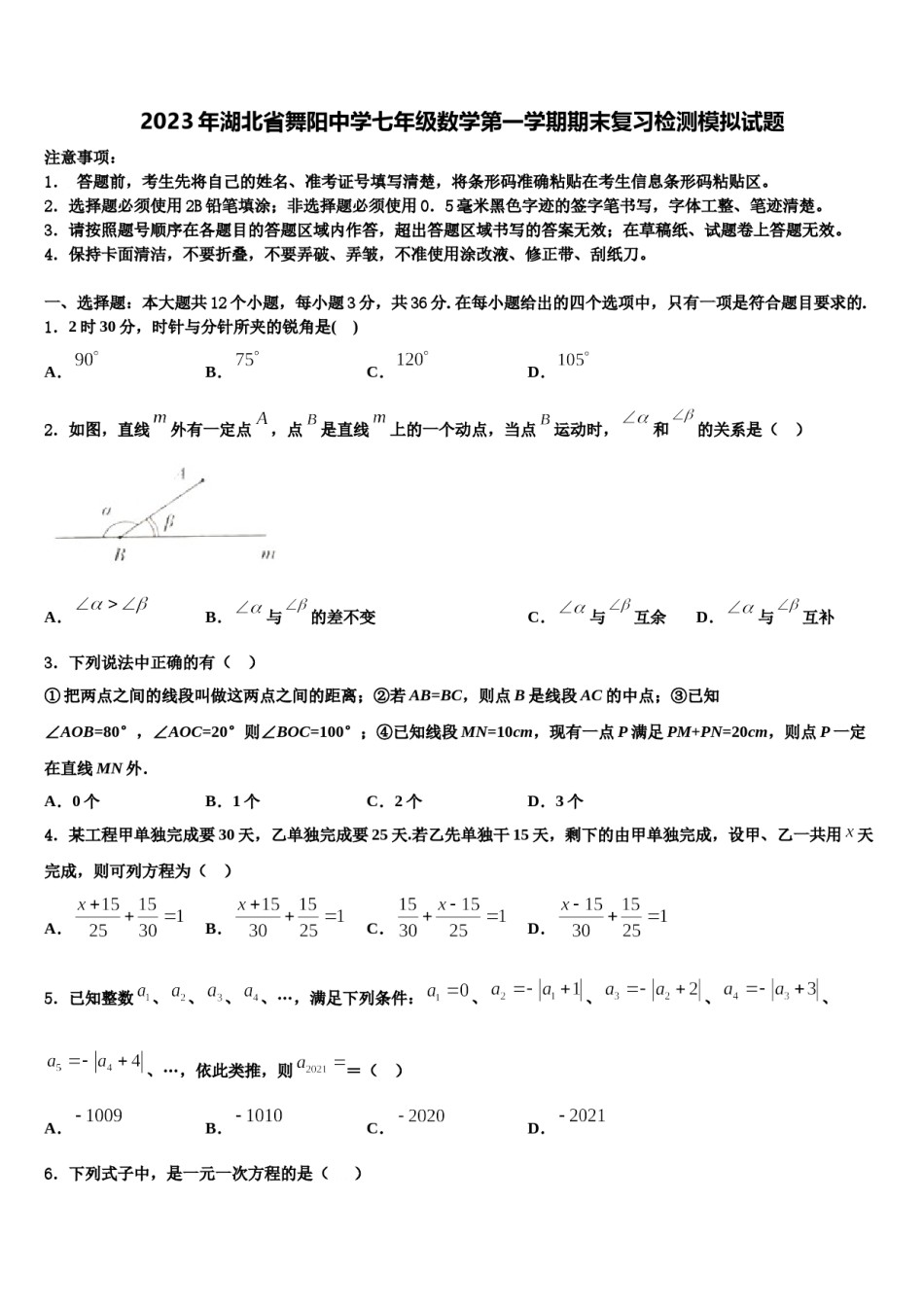 2023年湖北省舞阳中学七年级数学第一学期期末复习检测模拟试题含解析.doc_第1页