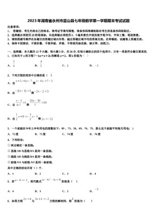 2023年湖南省永州市蓝山县七年级数学第一学期期末考试试题含解析.doc