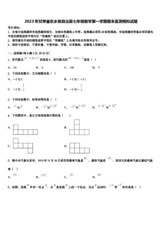 2023年甘肃省东乡族自治县七年级数学第一学期期末监测模拟试题含解析.doc