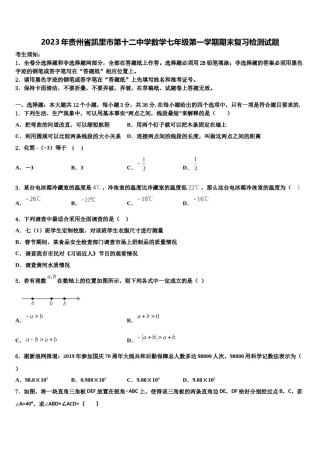 2023年贵州省凯里市第十二中学数学七年级第一学期期末复习检测试题含解析.doc