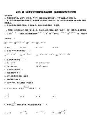 2024届上海市文来中学数学七年级第一学期期末达标测试试题含解析.doc