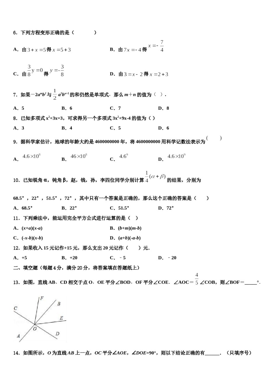 2024届云南省丽江市华坪县数学七年级第一学期期末检测模拟试题含解析.doc_第2页
