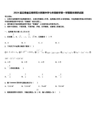 2024届云南省云南师范大附属中学七年级数学第一学期期末调研试题含解析.doc
