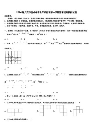 2024届六安市重点中学七年级数学第一学期期末统考模拟试题含解析.doc