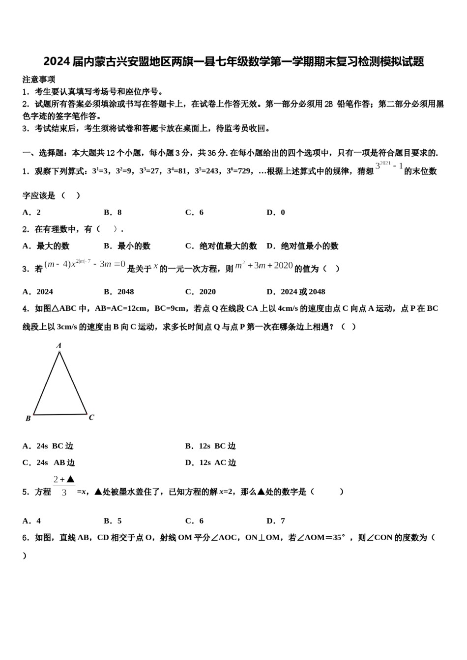 2024届内蒙古兴安盟地区两旗一县七年级数学第一学期期末复习检测模拟试题含解析.doc_第1页