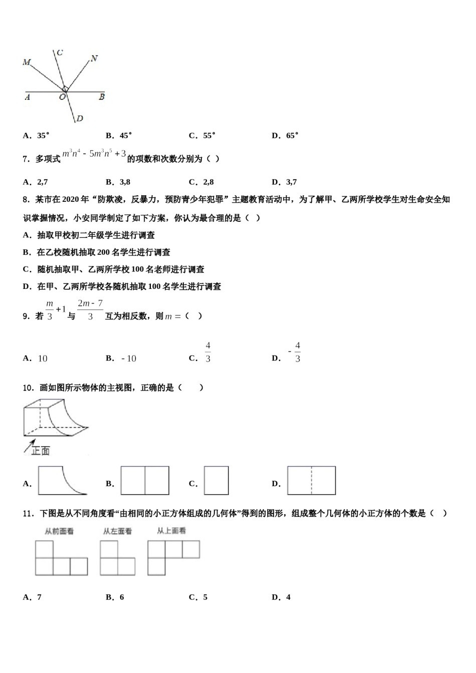 2024届内蒙古兴安盟地区两旗一县七年级数学第一学期期末复习检测模拟试题含解析.doc_第2页