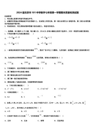 2024届北京市101中学数学七年级第一学期期末质量检测试题含解析.doc