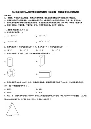 2024届北京市人大附中朝阳学校数学七年级第一学期期末调研模拟试题含解析.doc