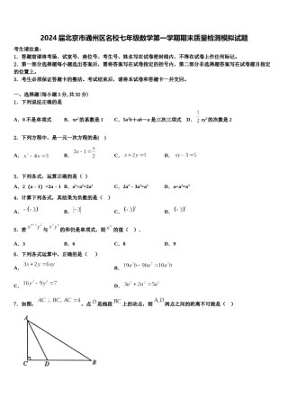 2024届北京市通州区名校七年级数学第一学期期末质量检测模拟试题含解析.doc