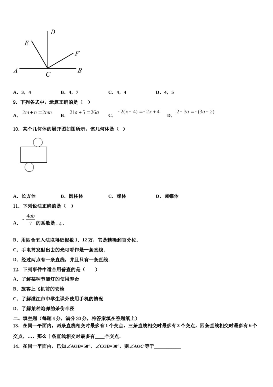 2024届南充市七年级数学第一学期期末监测模拟试题含解析.doc_第2页