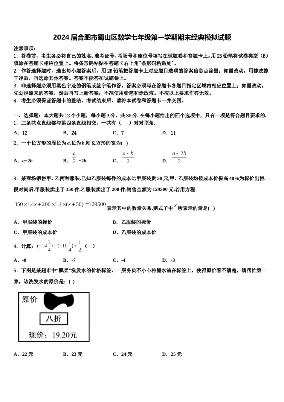 2024届合肥市蜀山区数学七年级第一学期期末经典模拟试题含解析.doc_第1页